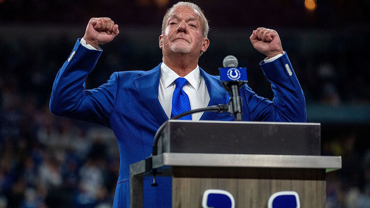INDIANAPOLIS, IN - NOVEMBER 10: Indianapolis Colts owner Jim Irsay reacts to applause during Dwight Freeney"u2019s induction in the team"u2019s Ring of Honor during halftime of the game against the Miami Dolphins at Lucas Oil Stadium on November 10, 2019 in Indianapolis, Indiana.