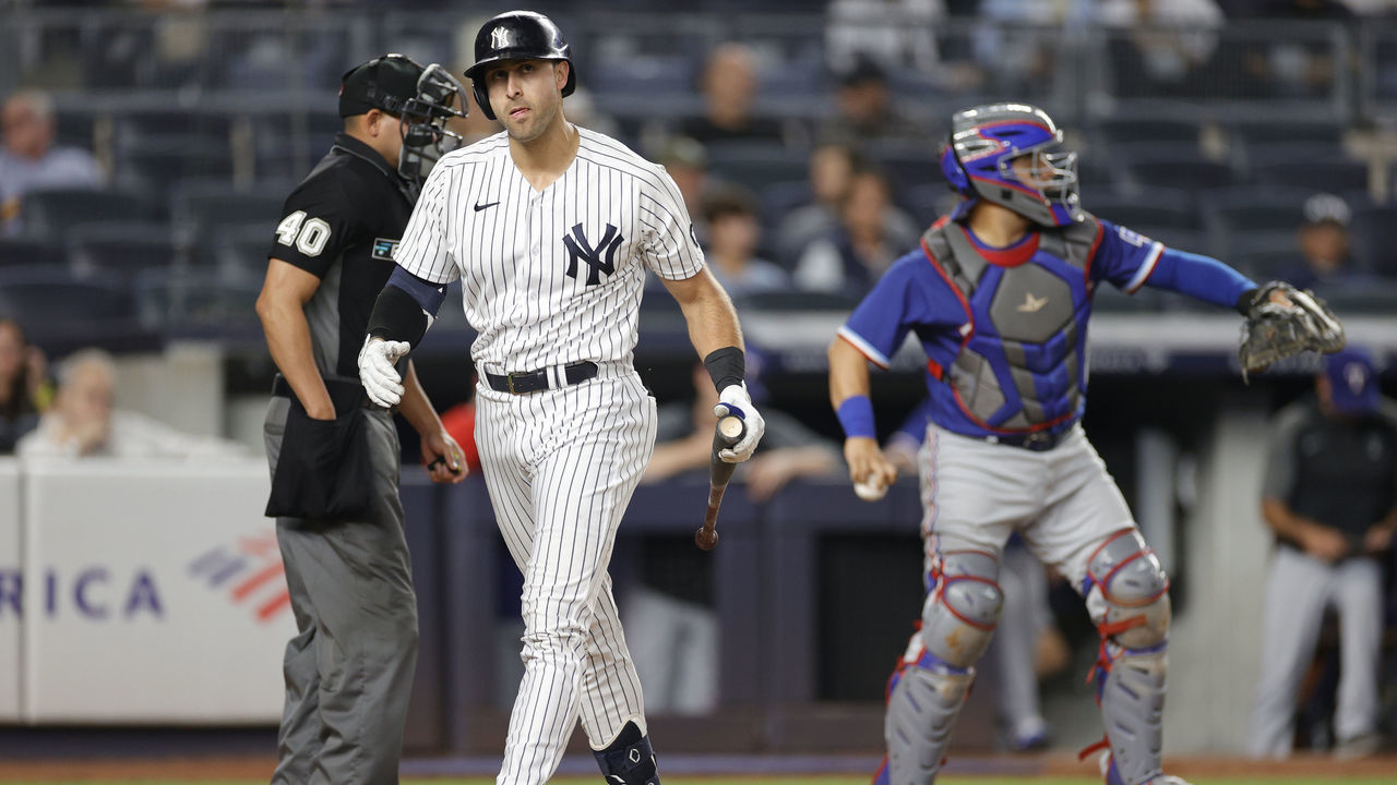 NEW YORK, NEW YORK - SEPTEMBER 21: Joey Gallo #13 of the New York Yankees reacts after striking out during the first inning against the Texas Rangers at Yankee Stadium on September 21, 2021 in the Bronx borough of New York City.