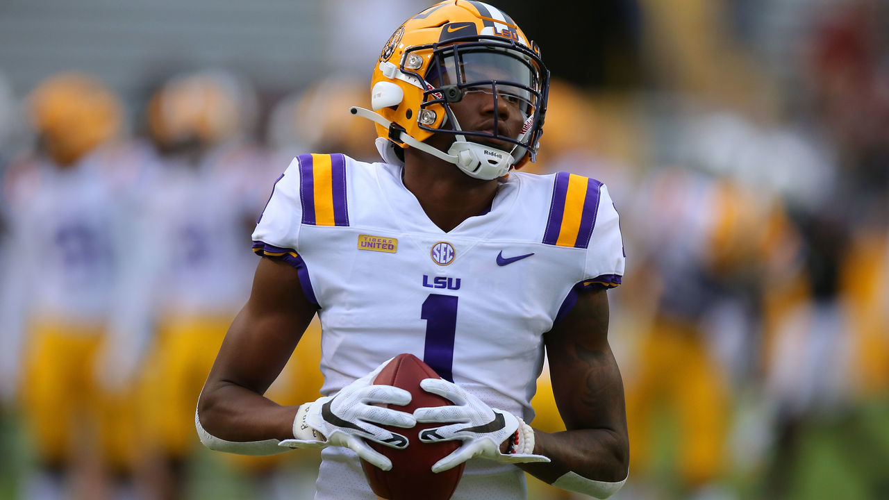 BATON ROUGE, LOUISIANA - OCTOBER 24: Eli Ricks #1 of the LSU Tigers reacts against the South Carolina Gamecocks during a game at Tiger Stadium on October 24, 2020 in Baton Rouge, Louisiana.