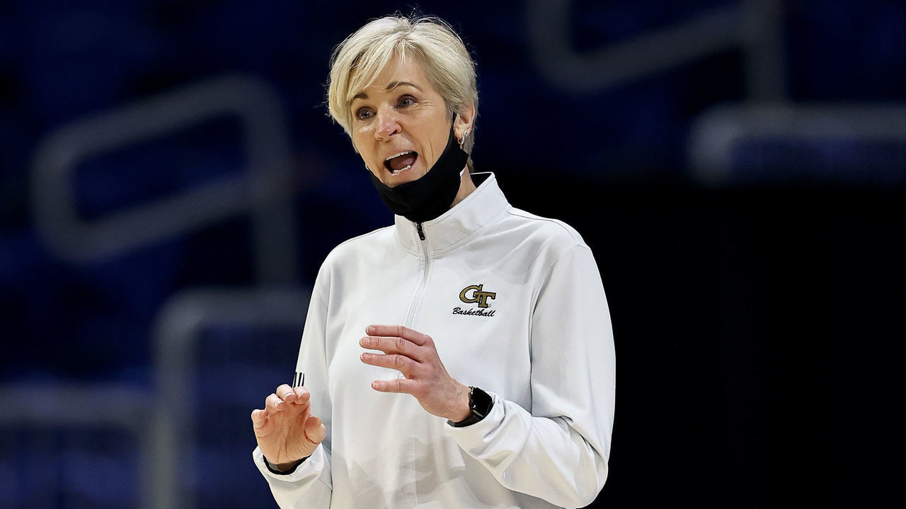 SAN ANTONIO, TEXAS - MARCH 28: Head coach Nell Fortner of the Georgia Tech Yellow Jackets directs her players in the first half against the South Carolina Gamecocks during the Sweet Sixteen round of the NCAA Women's Basketball Tournament at the Alamodome on March 28, 2021 in San Antonio, Texas.