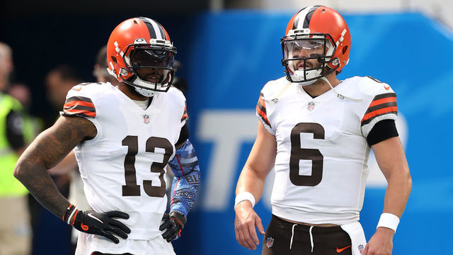INGLEWOOD, CALIFORNIA - OCTOBER 10: Odell Beckham Jr. #13 and Baker Mayfield #6 of the Cleveland Browns talk on the field before the game against the Los Angeles Chargers at SoFi Stadium on October 10, 2021 in Inglewood, California.