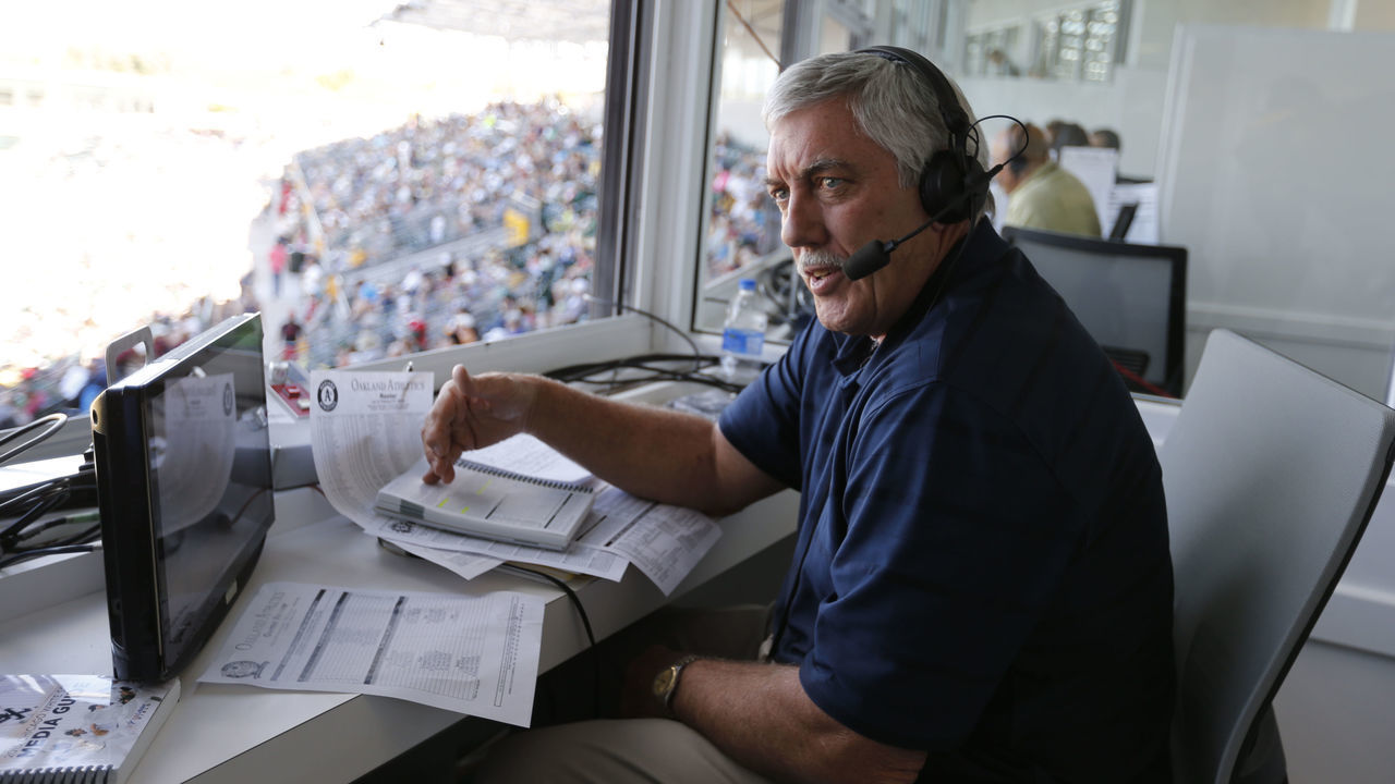 MESA, AZ - MARCH 8: Broadcaster Ray Fosse of the Oakland Athletics works from the pressbox during the game against the Chicago White Sox at Hohokam Stadium on March 8, 2015 in Mesa, Arizona.