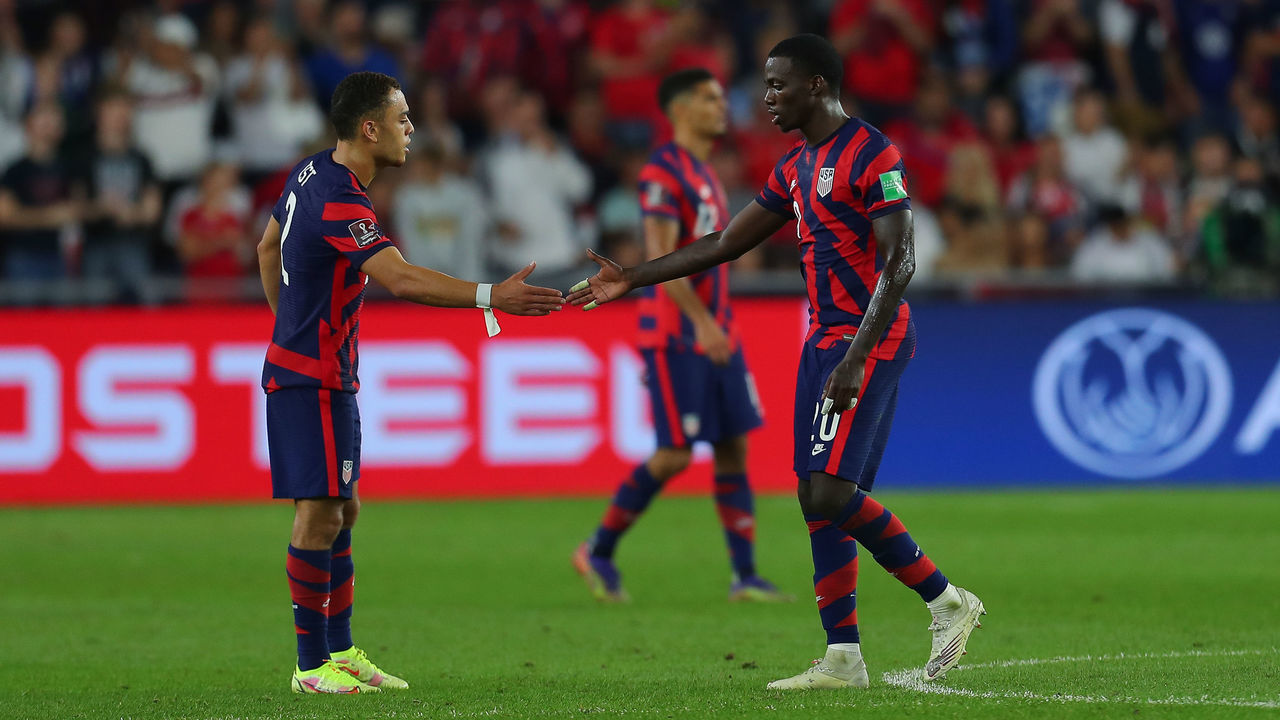 COLUMBUS, OH - OCTOBER 13: Tim Weah #20 of United States celebrates with his teammate Sergiño Dest #2 after scoring the second goal of his team during the FIFA World Cup Qatar 2022 qualifiers match between United States and Costa Rica at Lower.com Field on October 13, 2021 in Columbus, Ohio.
