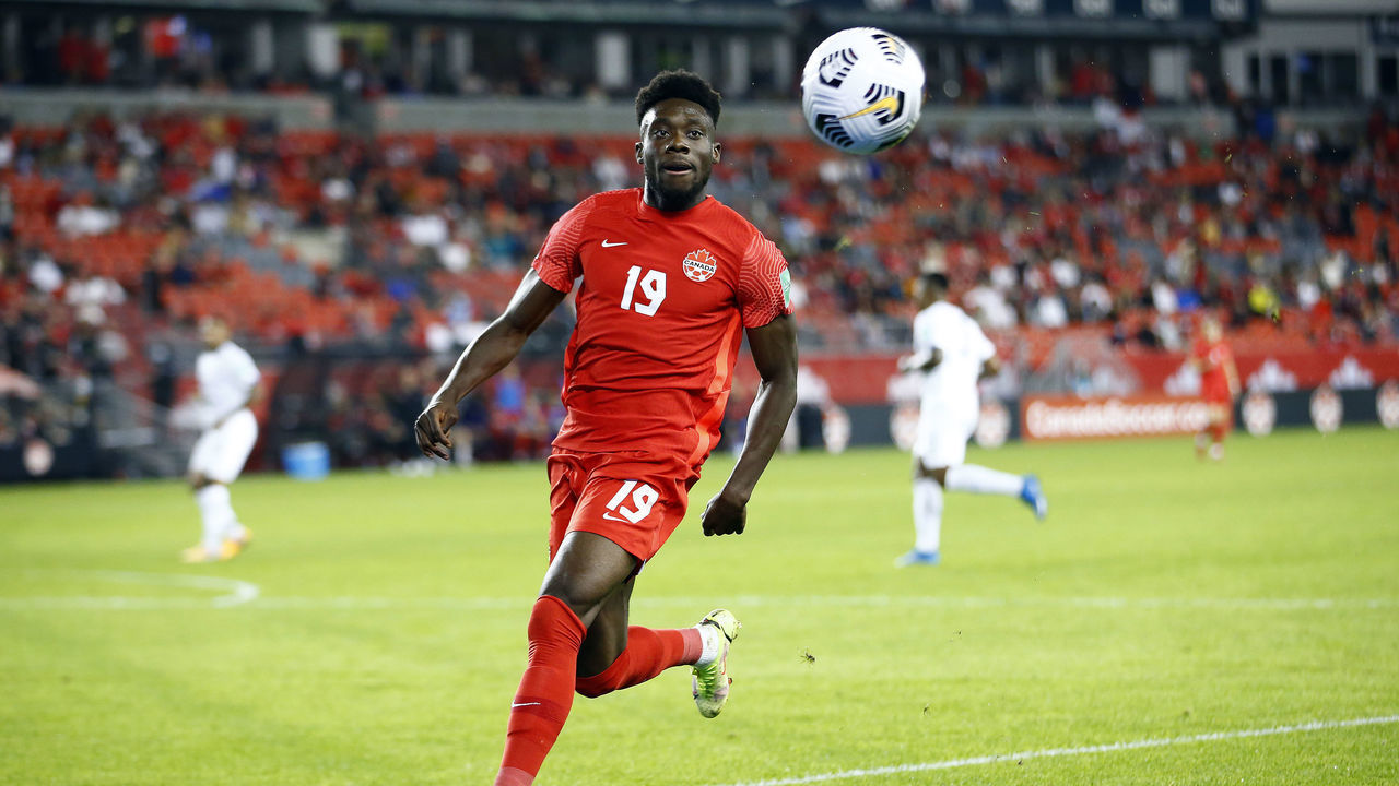 TORONTO, ON - OCTOBER 13: Alphonso Davies #19 of Canada chases the ball during a 2022 World Cup Qualifying match against Panama at BMO Field on October 13, 2021 in Toronto, Ontario, Canada.