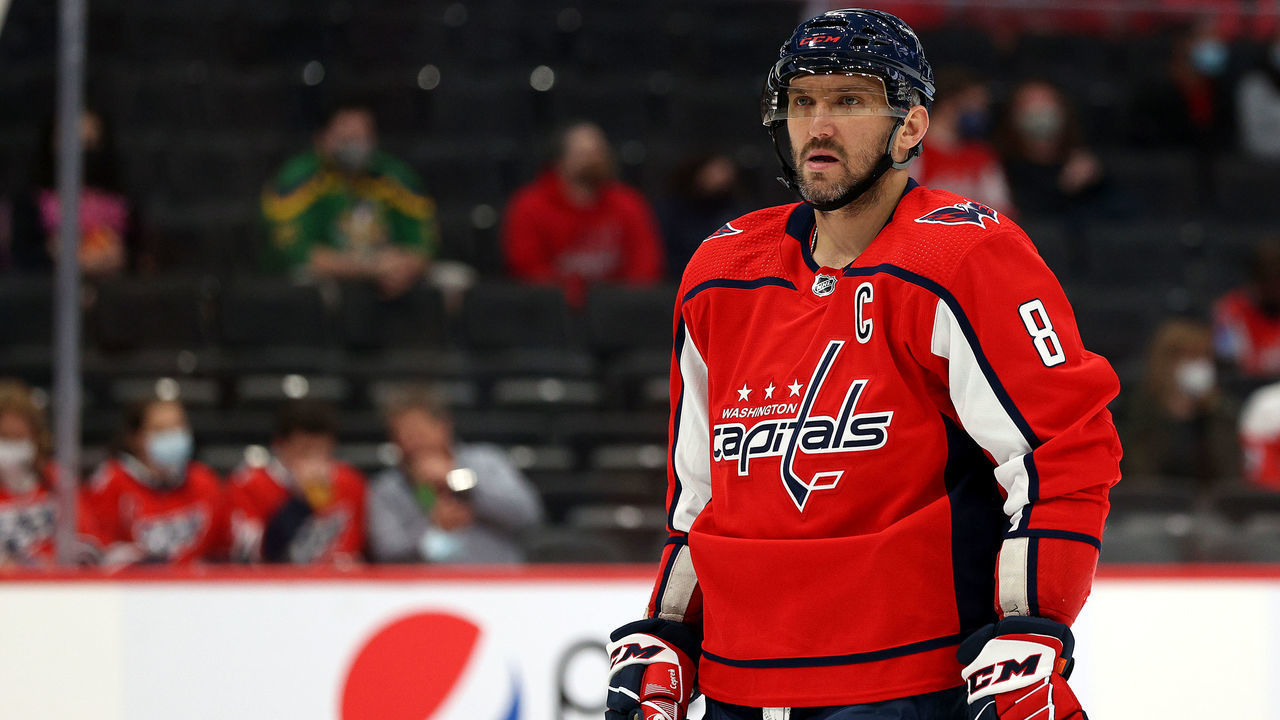 WASHINGTON, DC - OCTOBER 08: Alex Ovechkin #8 of the Washington Capitals skates on the ice in the first period of a preseason game against the Philadelphia Flyers at Capital One Arena on October 08, 2021 in Washington, DC.