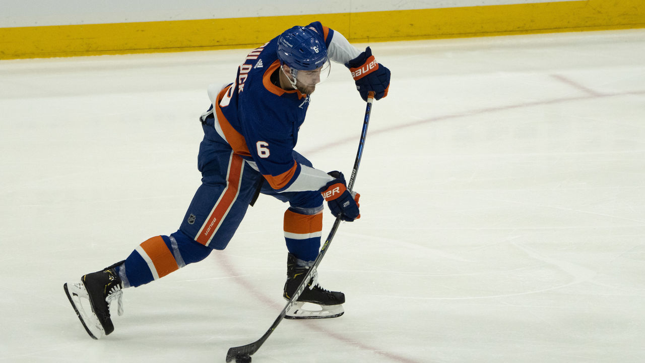 UNIONDALE, NY - JUNE 03: New York Islanders Defenseman Ryan Pulock (6) takes a shot on goal during the first period of Game 3 of the NHL Stanley Cup Playoffs Second Round between the Boston Bruins and the New York Islanders on June 3, 2021, at the Nassau Veterans Memorial Coliseum in Uniondale, NY.