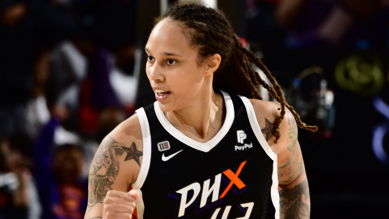 PHOENIX, AZ - OCTOBER 13: Brittney Griner #42 of the Phoenix Mercury celebrates during Game Two of the 2021 WNBA Finals on October 13, 2021 at Footprint Center in Phoenix, Arizona. Mandatory Copyright Notice: Copyright 2021 NBAE