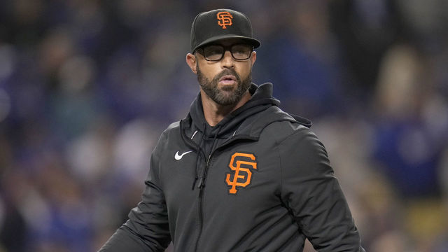 Los Angeles, CA - October 12: Manager Gabe Kapler #19 of the San Francisco Giants walks back to the dugout after pulling a pitcher during the fifth inning of game 4 of the baseball National League Division Series against the Los Angeles Dodgers at Dodger Stadium on Tuesday, October 12, 2021, in Los Angeles.