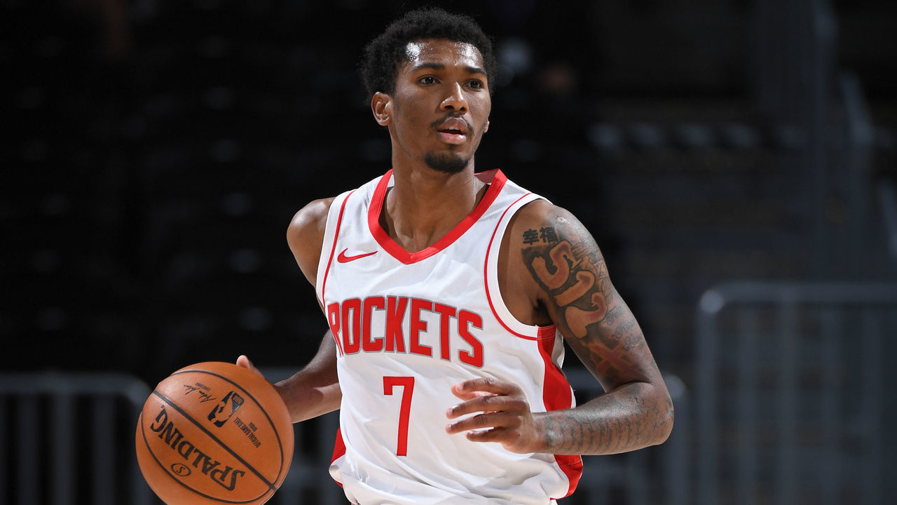 DENVER, CO - APRIL 24: Armani Brooks #7 of the Houston Rockets dribbles the ball during the game against the Denver Nuggets on April 24, 2021 at the Ball Arena in Denver, Colorado. NOTE TO USER: User expressly acknowledges and agrees that, by downloading and/or using this Photograph, user is consenting to the terms and conditions of the Getty Images License Agreement. Mandatory Copyright Notice: Copyright 2021 NBAE