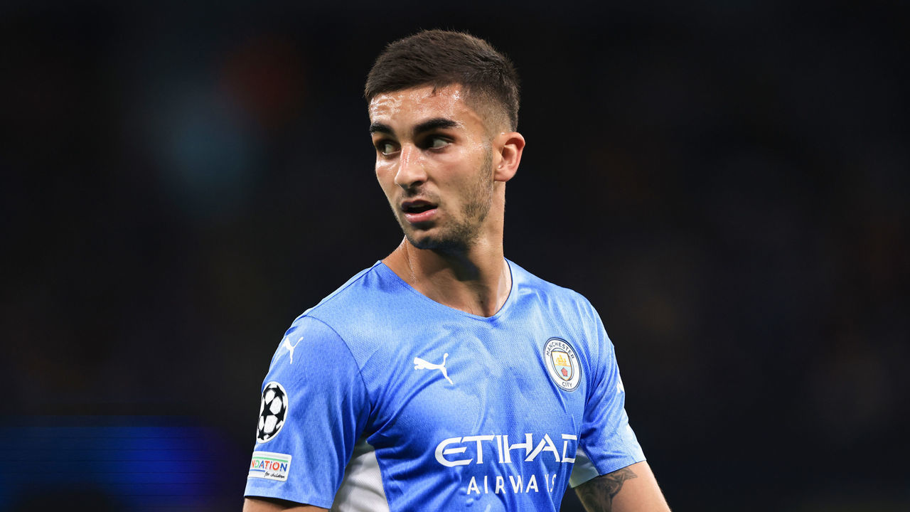 MANCHESTER, ENGLAND - SEPTEMBER 15: Ferran Torres of Manchester City during the UEFA Champions League group A match between Manchester City and RB Leipzig at Etihad Stadium on September 15, 2021 in Manchester, United Kingdom.