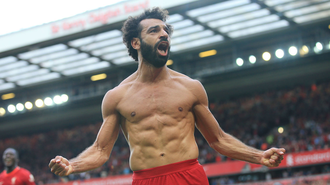 LIVERPOOL, ENGLAND - SEPTEMBER 18: Mohamed Salah of Liverpool celebrates after scoring their 2nd goal during the Premier League match between Liverpool and Crystal Palace at Anfield on September 18, 2021 in Liverpool, England.