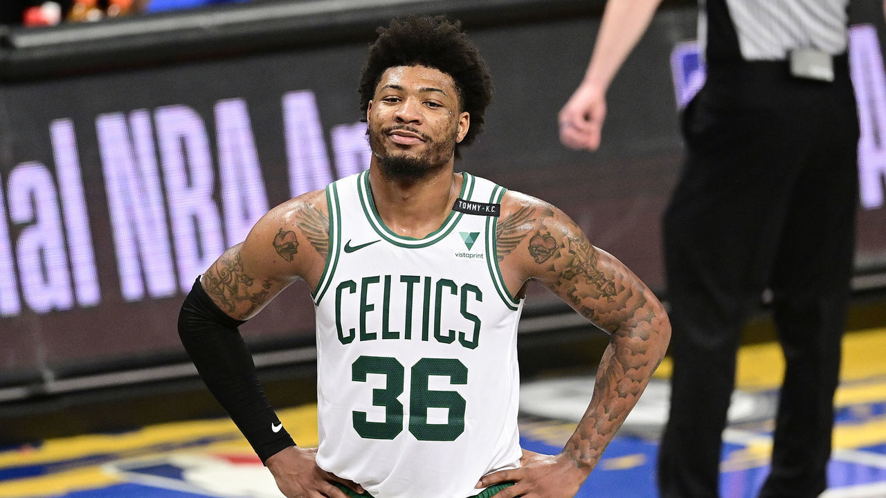 NEW YORK, NEW YORK - JUNE 01: Marcus Smart #36 of the Boston Celtics reacts against the Brooklyn Nets in Game Five of the First Round of the 2021 NBA Playoffs at Barclays Center on June 01, 2021 in the Brooklyn borough of New York City.