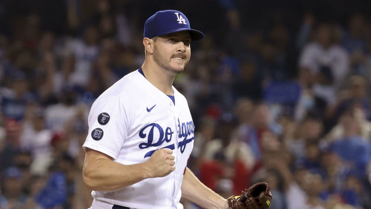 Los Angeles, CA - October 06: Los Angeles Dodgers relief pitcher Corey Knebel reacts after retiring the side during the eighth inning at Dodger Stadium against the St. Louis Cardinals on Wednesday, Oct. 6, 2021 in Los Angeles, CA. (Robert Gauthier / Los Angeles Times via Getty Images)