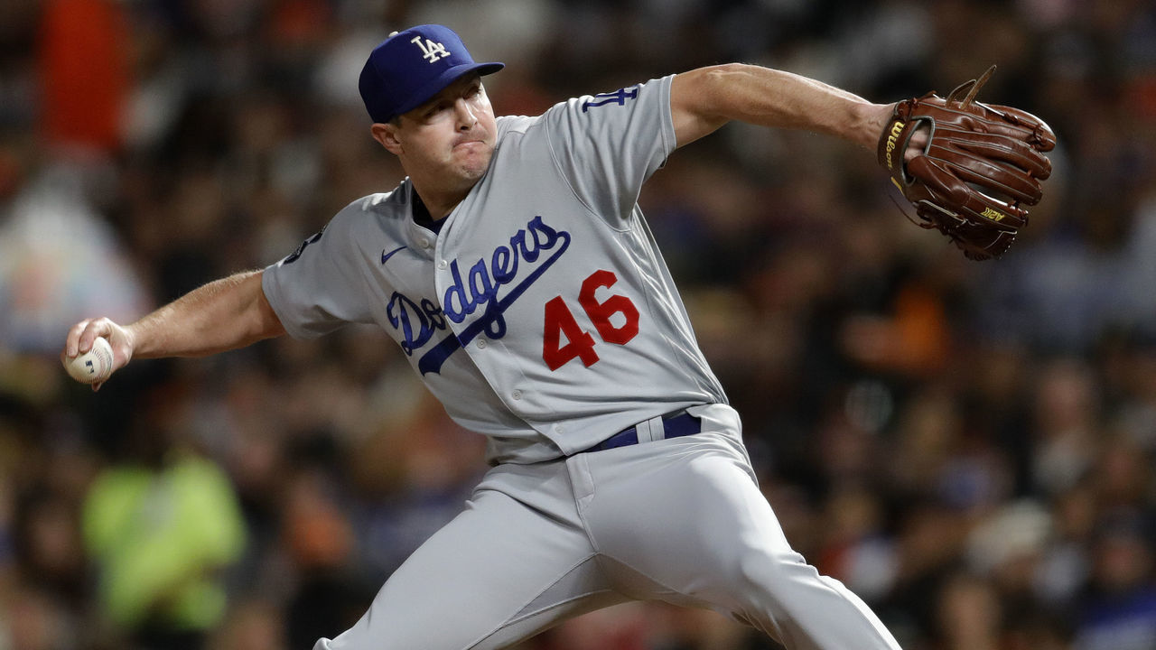 SAN FRANCISCO, CALIFORNIA - OCTOBER 09: Los Angeles Dodgers relief pitcher Corey Knebel #46 throws against the San Francisco Giants in the seventh inning of Game 2 of the National League Division Series at Oracle Park in San Francisco, Calif., on Saturday, Oct. 9, 2021. (Jane Tyska/Digital First Media/East Bay Times via Getty Images)