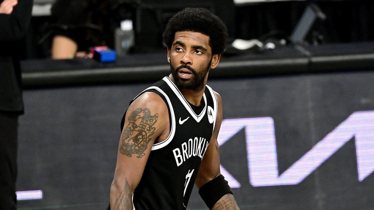 NEW YORK, NEW YORK - JUNE 05: Kyrie Irving #11 of the Brooklyn Nets looks on against the Milwaukee Bucks in Game One of the Second Round of the 2021 NBA Playoffs at Barclays Center on June 05, 2021 in New York City.