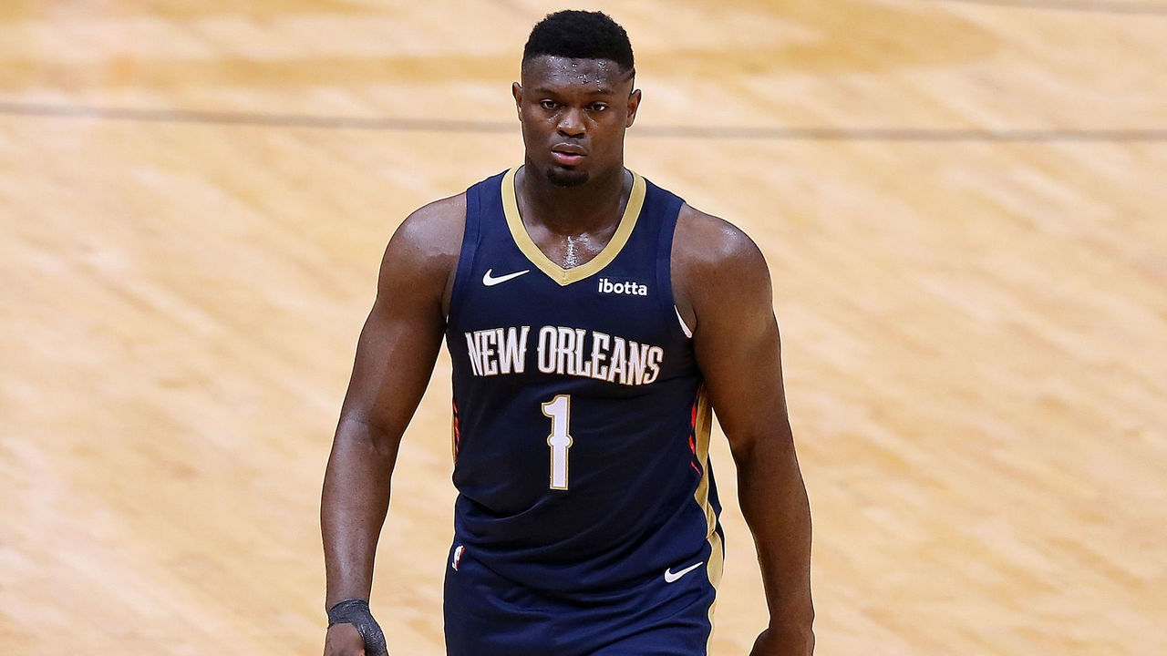 NEW ORLEANS, LOUISIANA - APRIL 20: Zion Williamson #1 of the New Orleans Pelicans reacts against the Brooklyn Nets during a game at the Smoothie King Center on April 20, 2021 in New Orleans, Louisiana.