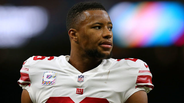NEW ORLEANS, LOUISIANA - OCTOBER 03: Saquon Barkley #26 of the New York Giants warms up before a game against the New Orleans Saints at the Caesars Superdome on October 03, 2021 in New Orleans, Louisiana.