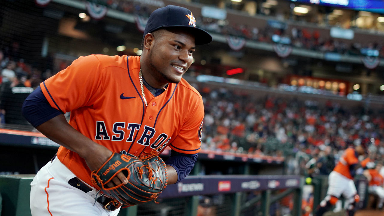 HOUSTON, TX - OCTOBER 08: Framber Valdez #59 of the Houston Astros takes the field prior to Game 2 of the ALDS between the Chicago White Sox and the Houston Astros at Minute Maid Park on Friday, October 8, 2021 in Houston, Texas.