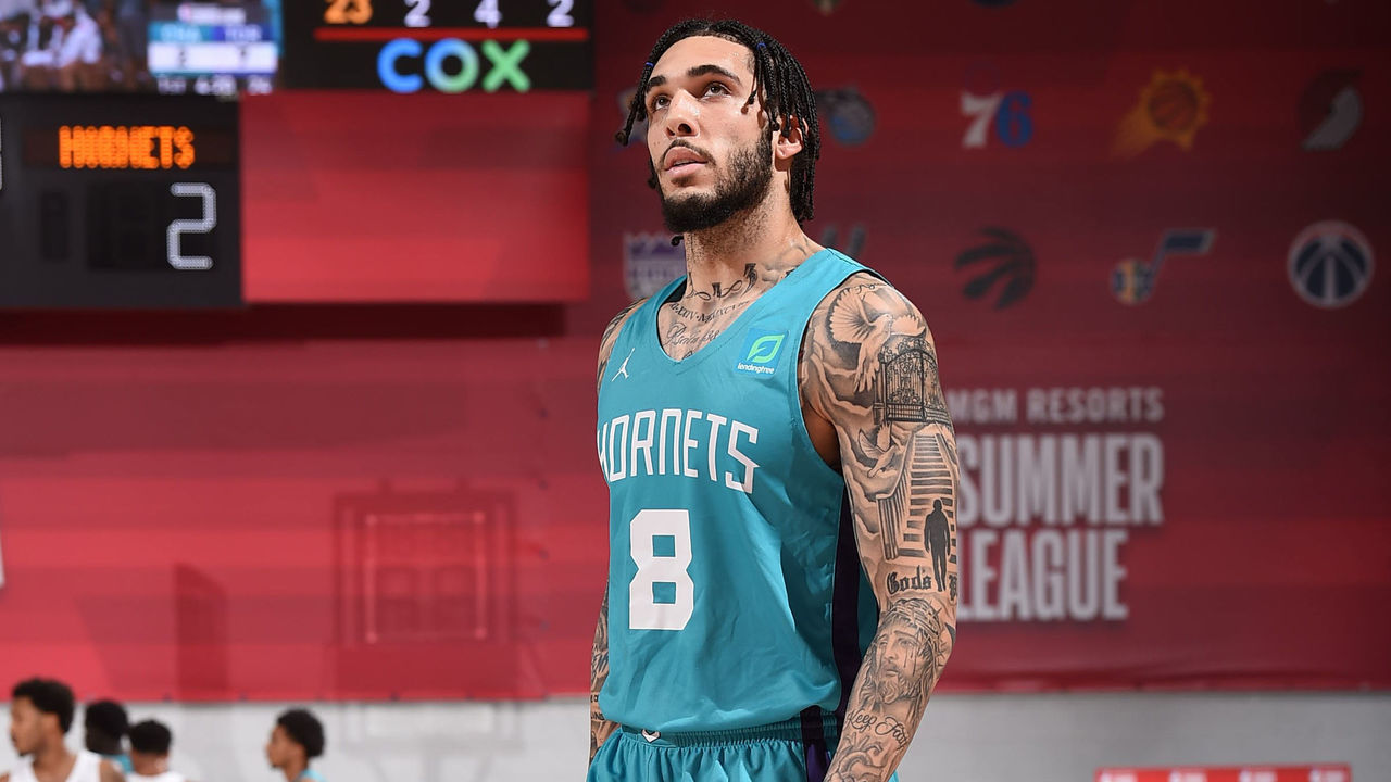 LAS VEGAS, NV - AUGUST 14: LiAngelo Ball #8 of Charlotte Hornets looks on against the Toronto Raptors during the 2021 Las Vegas Summer League on August 14, 2021 at the Cox Pavilion in Las Vegas, Nevada. NOTE TO USER: User expressly acknowledges and agrees that, by downloading and/or using this Photograph, user is consenting to the terms and conditions of the Getty Images License Agreement. Mandatory Copyright Notice: Copyright 2021 NBAE