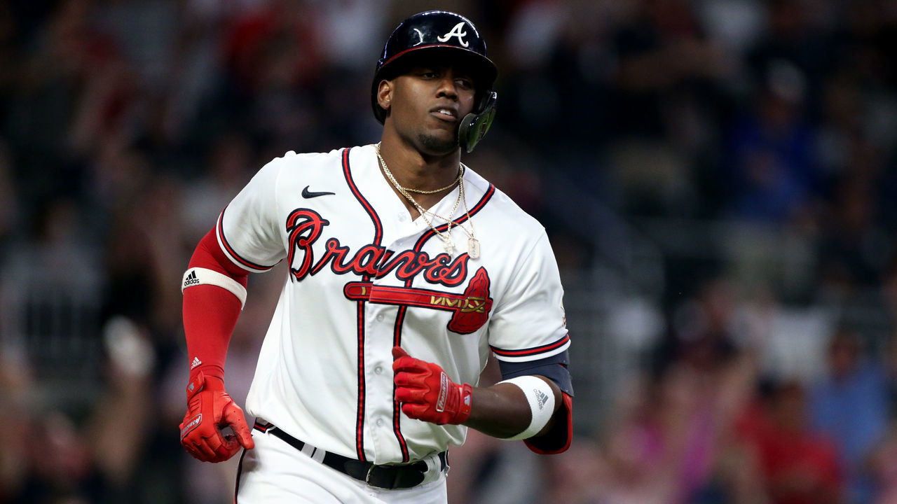 ATLANTA, GA - SEPTEMBER 30: Jorge Soler #12 of the Atlanta Braves hits a first inning home run during the MLB game between the Philadelphia Phillies and the Atlanta Braves on September 30, 2021 at Truist Park in Atlanta, Ga.