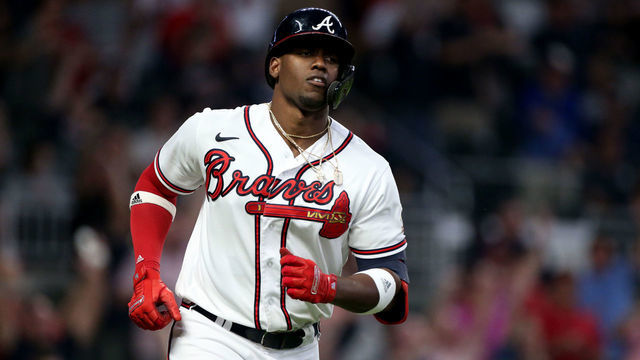 ATLANTA, GA - SEPTEMBER 30: Jorge Soler #12 of the Atlanta Braves hits a first inning home run during the MLB game between the Philadelphia Phillies and the Atlanta Braves on September 30, 2021 at Truist Park in Atlanta, Ga.