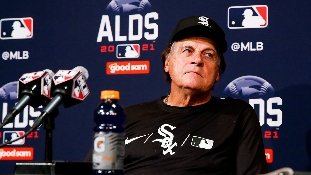 CHICAGO, IL - OCTOBER 12: Tony La Russa #22 of the Chicago White Sox looks onduring a press conference prior to Game 4 of the ALDS between the Houston Astros and the Chicago White Sox at Guaranteed Rate Field on Tuesday, October 12, 2021 in Chicago, Illinois.