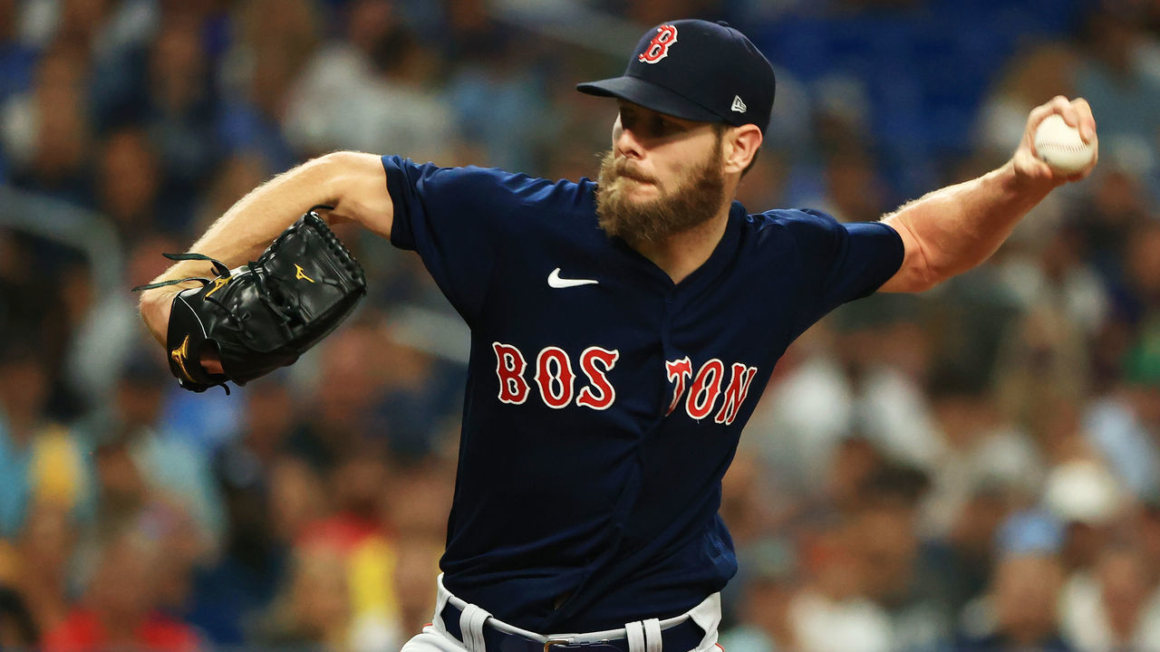 ST PETERSBURG, FLORIDA - OCTOBER 08: Chris Sale #41 of the Boston Red Sox pitches in the first inning against the Tampa Bay Rays during Game 2 of the American League Division Series at Tropicana Field on October 08, 2021 in St Petersburg, Florida.