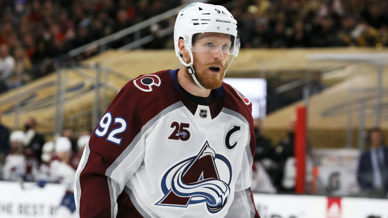 LAS VEGAS, NEVADA - JUNE 04: Gabriel Landeskog #92 of the Colorado Avalanche takes a break during a stop in play in the third period of Game Three of the Second Round of the 2021 Stanley Cup Playoffs at T-Mobile Arena on June 4, 2021 in Las Vegas, Nevada. The Golden Knights defeated the Avalanche 3-2.