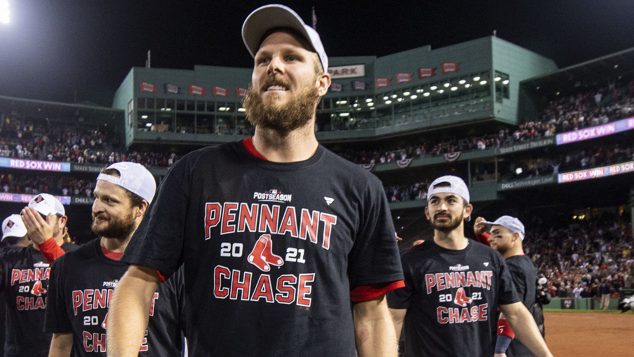 BOSTON, MA - OCTOBER 11: Chris Sale #41 of the Boston Red Sox celebrates after winning game four of the 2021 American League Division Series against the Tampa Bay Rays to clinch the series at Fenway Park on October 11, 2021 in Boston, Massachusetts.