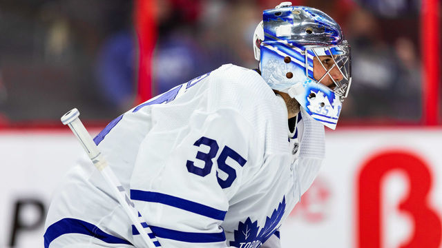 OTTAWA, ON - SEPTEMBER 29: Toronto Maple Leafs goaltender Petr Mrazek (35) watches the play at the other end during second period National Hockey League preseason action between the Toronto Maple Leafs and Ottawa Senators on September 29, 2021, at Canadian Tire Centre in Ottawa, ON, Canada.