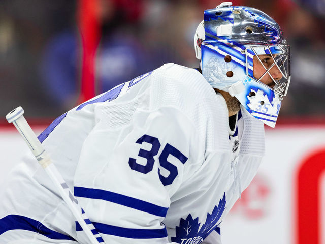 OTTAWA, ON - SEPTEMBER 29: Toronto Maple Leafs goaltender Petr Mrazek (35) watches the play at the other end during second period National Hockey League preseason action between the Toronto Maple Leafs and Ottawa Senators on September 29, 2021, at Canadian Tire Centre in Ottawa, ON, Canada.