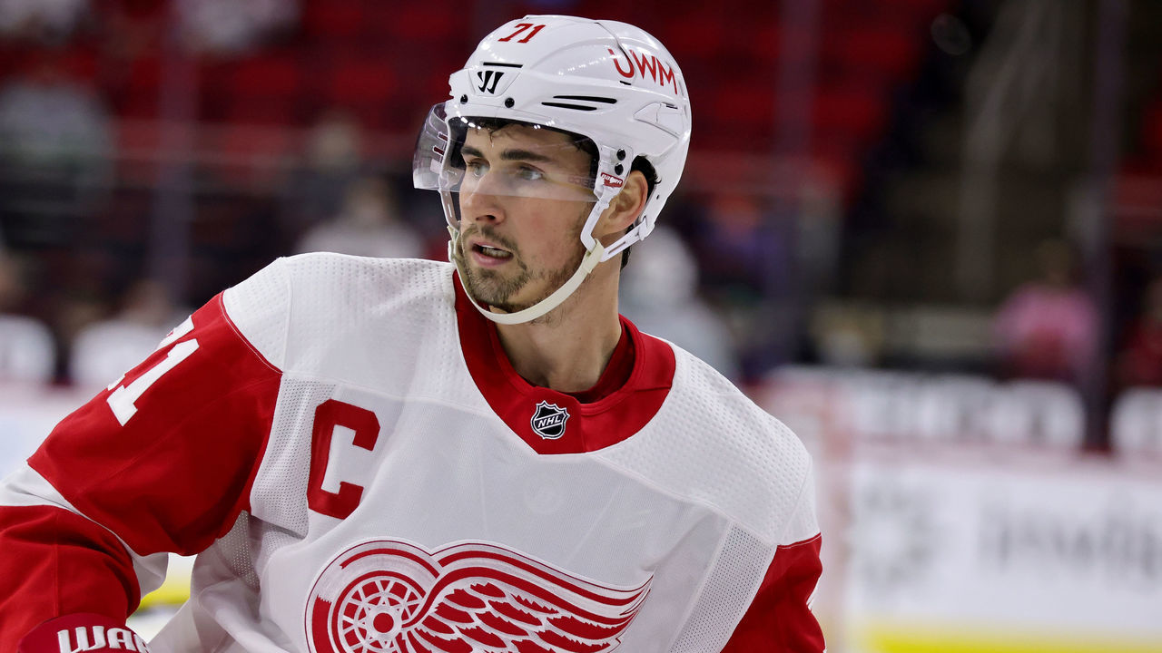 RALEIGH, NC - APRIL 10: Dylan Larkin #71 of the Detroit Red Wings skates for position on the ice during an NHL game against the Carolina Hurricanes on April 10, 2021 at PNC Arena in Raleigh, North Carolina.