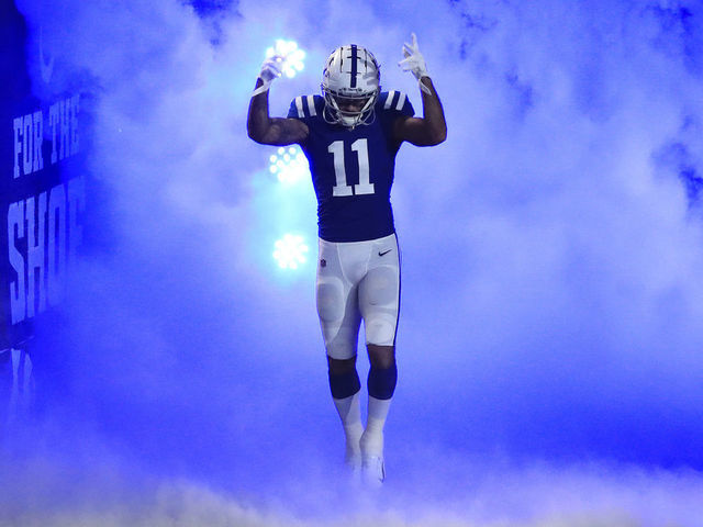 INDIANAPOLIS, INDIANA - NOVEMBER 29: Michael Pittman Jr. #11 of the Indianapolis Colts is introduced prior to their game against the Tennessee Titans at Lucas Oil Stadium on November 29, 2020 in Indianapolis, Indiana.