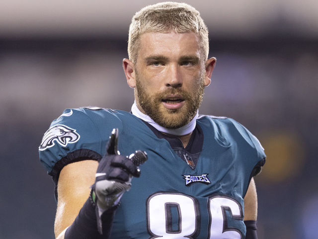 PHILADELPHIA, PA - OCTOBER 14: Zach Ertz #86 of the Philadelphia Eagles looks on prior to the game against the Tampa Bay Buccaneers at Lincoln Financial Field on October 14, 2021 in Philadelphia, Pennsylvania.