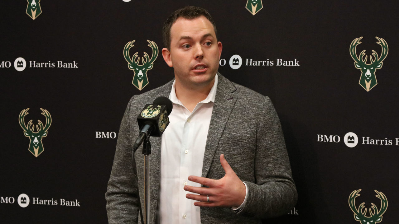 MILWAUKEE, WI - JANUARY 22: Jon Horst, general manager of the Milwaukee Bucks, speaks to the media before the game against the Phoenix Suns on January 22, 2018 at the BMO Harris Bradley Center in Milwaukee, Wisconsin. Mandatory Copyright Notice: Copyright 2018 NBAE