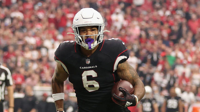 GLENDALE, ARIZONA - OCTOBER 10: Running back James Conner #6 of the Arizona Cardinals rushes the football against the San Francisco 49ers during the NFL game at State Farm Stadium on October 10, 2021 in Glendale, Arizona. The Cardinals defeated the 49ers 17-10.