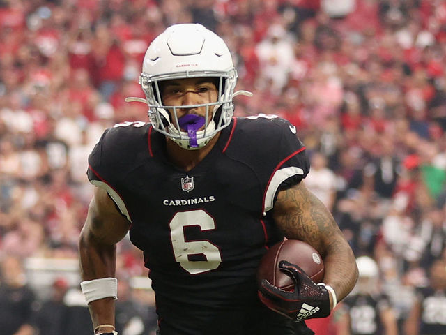 GLENDALE, ARIZONA - OCTOBER 10: Running back James Conner #6 of the Arizona Cardinals rushes the football against the San Francisco 49ers during the NFL game at State Farm Stadium on October 10, 2021 in Glendale, Arizona. The Cardinals defeated the 49ers 17-10.