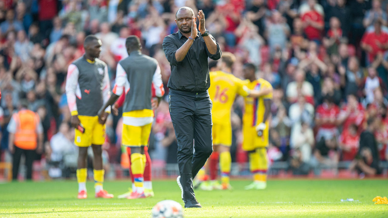 LIVERPOOL, ENGLAND - SEPTEMBER 18: manager Patrick Vieira of Crystal Palace during the Premier League match between Liverpool and Crystal Palace at Anfield on September 18, 2021 in Liverpool, England.
