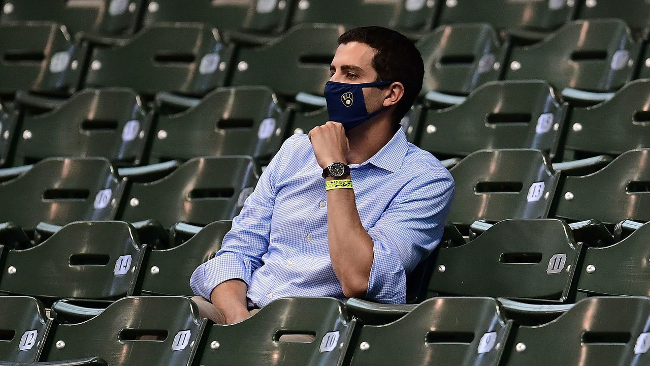 MILWAUKEE, WISCONSIN - JULY 15: General manager David Stearns of the Milwaukee Brewers watches action during Summer Workouts at Miller Park on July 15, 2020 in Milwaukee, Wisconsin.