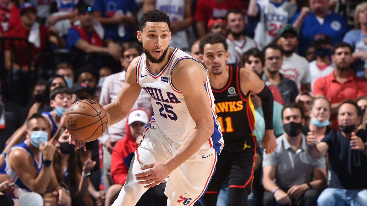 PHILADELPHIA, PA - JUNE 20: Ben Simmons #25 of the Philadelphia 76ers handles the ball against the Atlanta Hawks during Round 2, Game 7 of the Eastern Conference Playoffs on June 20, 2021 at Wells Fargo Center in Philadelphia, Pennsylvania. NOTE TO USER: User expressly acknowledges and agrees that, by downloading and/or using this Photograph, user is consenting to the terms and conditions of the Getty Images License Agreement. Mandatory Copyright Notice: Copyright 2021 NBAE