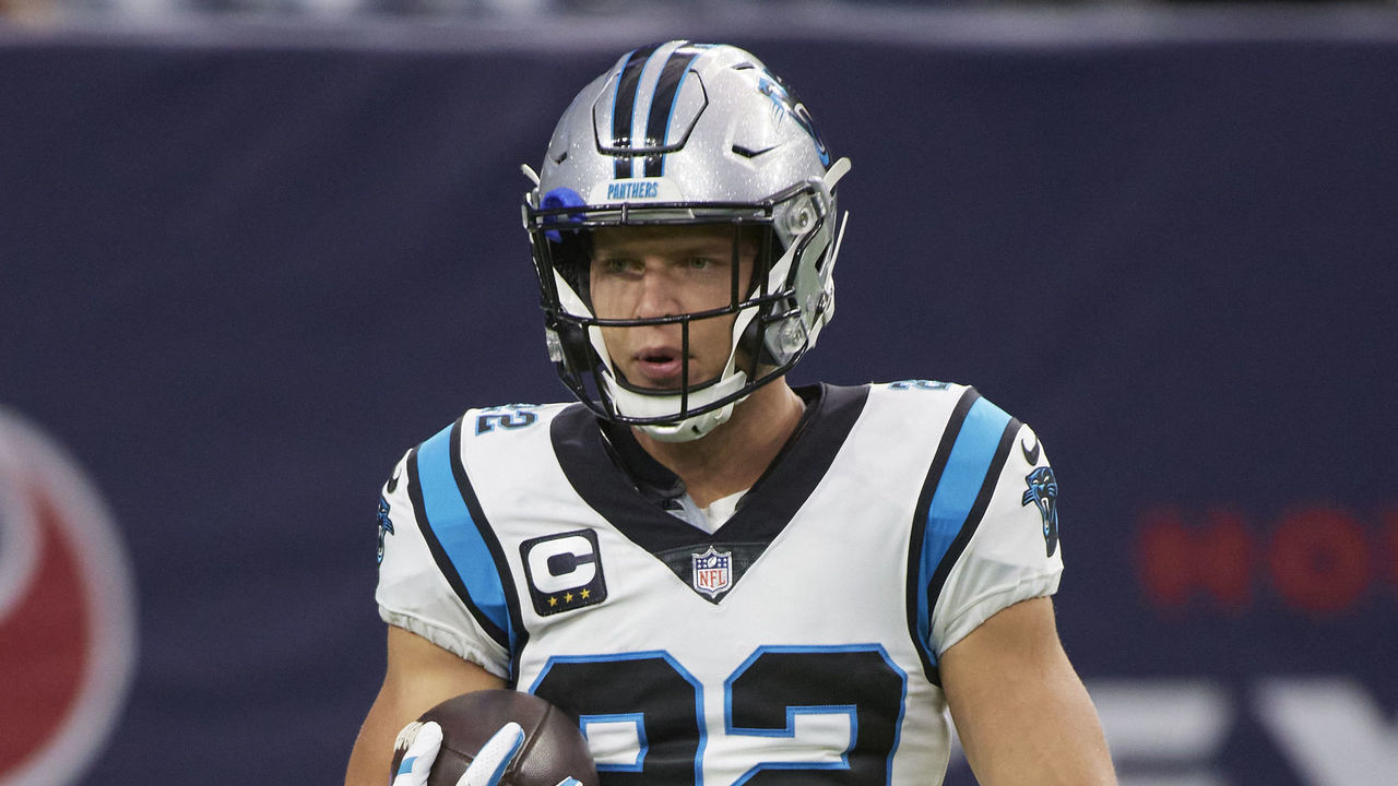 Football: Carolina Panthers Christian McCaffrey (22) on field before game vs Houston Texans at NRG Stadium. Houston, TX 9/23/2021 CREDIT: Greg Nelson