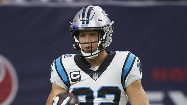 Football: Carolina Panthers Christian McCaffrey (22) on field before game vs Houston Texans at NRG Stadium. Houston, TX 9/23/2021 CREDIT: Greg Nelson