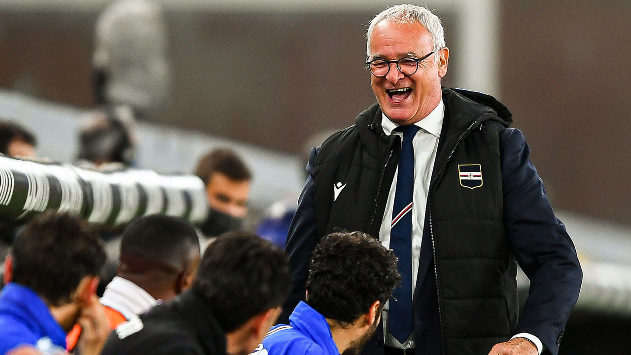 GENOA, ITALY - MAY 22: Claudio Ranieri head coach of Sampdoria (L) laughs during the Serie A match between UC Sampdoria and Parma Calcio at Stadio Luigi Ferraris on May 22, 2021 in Genoa, Italy.