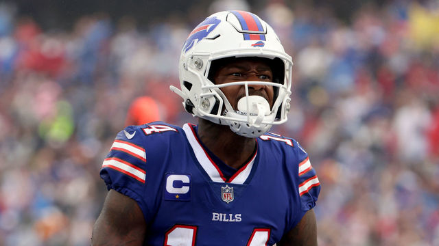 ORCHARD PARK, NY - OCTOBER 03: Stefon Diggs #14 of the Buffalo Bills reacts after making a catch against the Houston Texans at Highmark Stadium on October 3, 2021 in Orchard Park, New York.