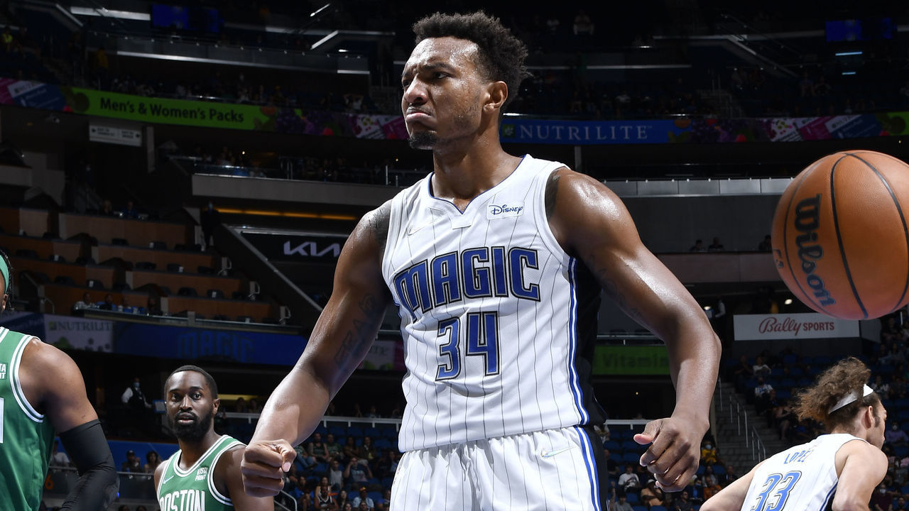 ORLANDO, FL - OCTOBER 13: Wendell Carter Jr. #34 of the Orlando Magic celebrates during a preseason game against the Boston Celtics on October 13, 2021 at Amway Center in Orlando, Florida. Mandatory Copyright Notice: Copyright 2021 NBAE