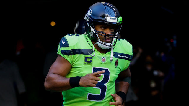 SEATTLE, WA - OCTOBER 07: Quarterback Russell Wilson #3 of the Seattle Seahawks runs out for the game against the Los Angeles Rams at Lumen Field on October 7, 2021 in Seattle, Washington.