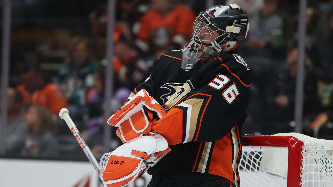 ANAHEIM, CALIFORNIA - OCTOBER 13: John Gibson #36 of the Anaheim Ducks in the third period at Honda Center on October 13, 2021 in Anaheim, California.