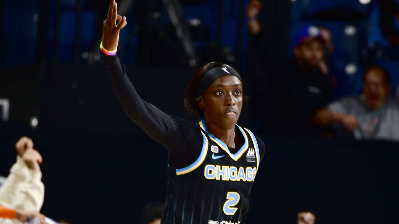 CHICAGO, IL - OCTOBER 15: Kahleah Copper #2 of the Chicago Sky celebrates during Game Three of the 2021 WNBA Finals on October 15, 2021 at the Wintrust Arena in Chicago, Illinois. Mandatory Copyright Notice: Copyright 2021 NBAE
