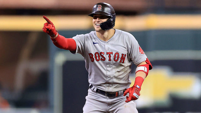 HOUSTON, TEXAS - OCTOBER 15: Enrique Hernandez #5 of the Boston Red Sox reacts after he hit a double in the fourth inning against the Houston Astros during Game One of the American League Championship Series at Minute Maid Park on October 15, 2021 in Houston, Texas.