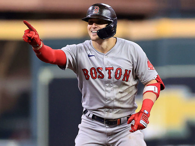 HOUSTON, TEXAS - OCTOBER 15: Enrique Hernandez #5 of the Boston Red Sox reacts after he hit a double in the fourth inning against the Houston Astros during Game One of the American League Championship Series at Minute Maid Park on October 15, 2021 in Houston, Texas.